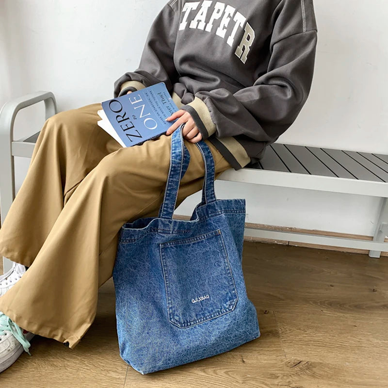 Denim Tote Bag for Women Large Capacity Travel Shoulder Handbag Winter