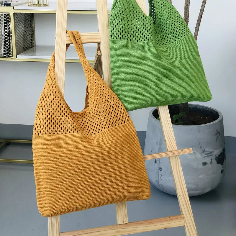 Large Capacity Tote Beach Bag Women Shoulder Handbags Hollow Woven Knitted Braid