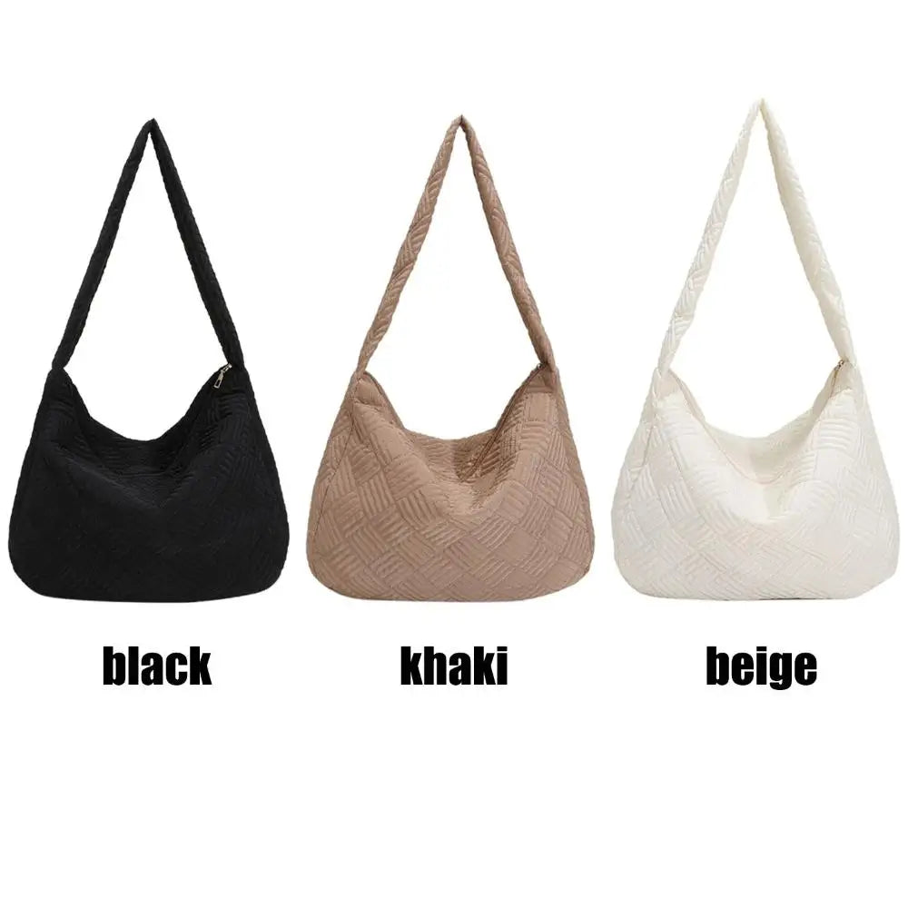 Large Capacity Warm Plaid Shoulder Bag for Women Lightweight Down Cotton