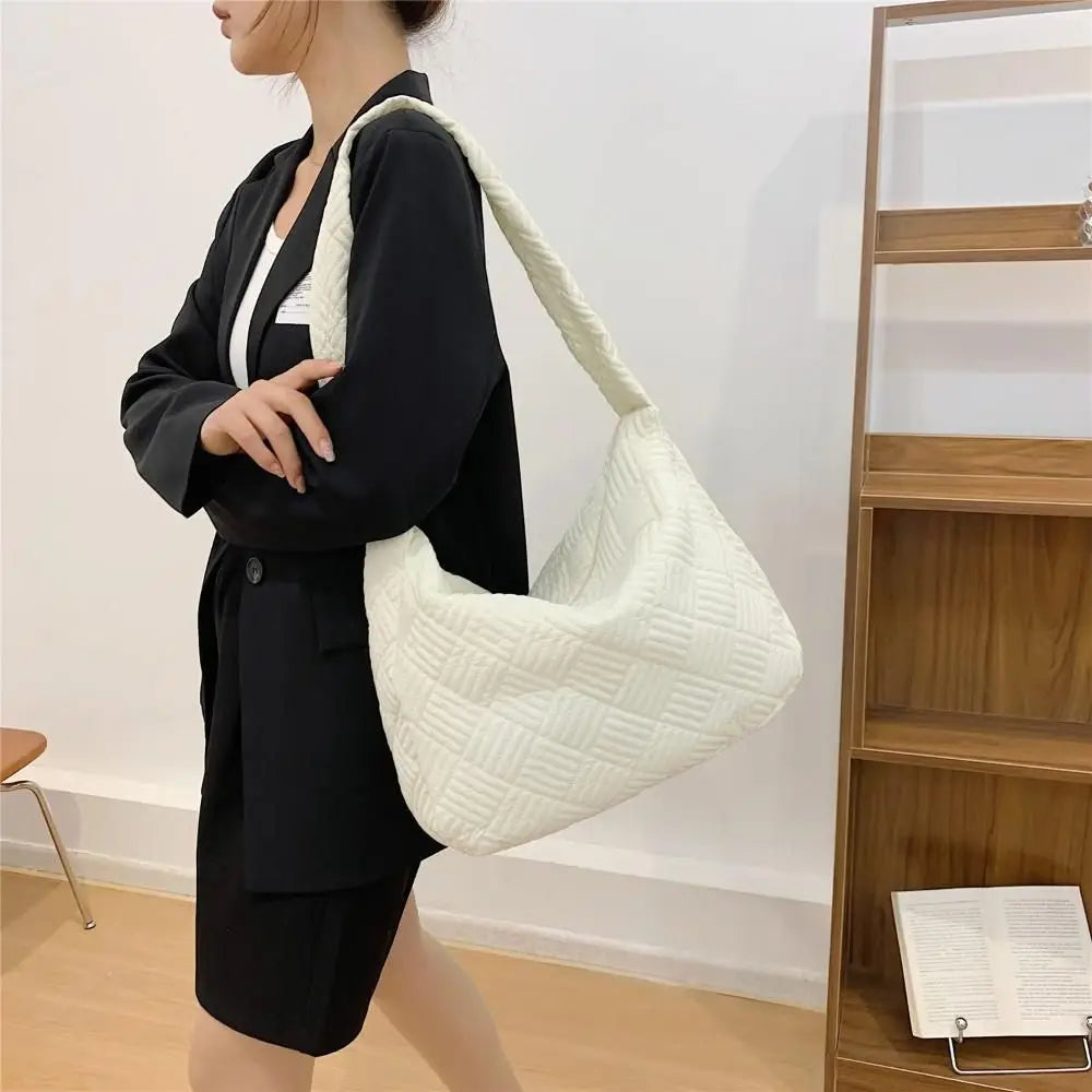 Large Capacity Warm Plaid Shoulder Bag for Women Lightweight Down Cotton