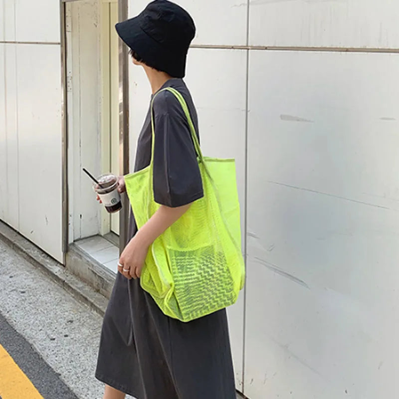 Large Capacity Mesh Shoulder Bag Transparent Tote Women Handbag