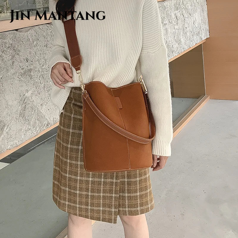 Large Capacity Women Bucket Bags Wide Shoulder Strap Matte Leather Handbags