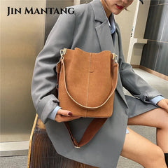 Large Capacity Women Bucket Bags Wide Shoulder Strap Matte Leather Handbags