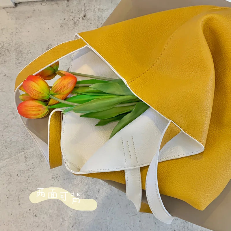 Large Capacity Women Daily Tote Bag Soft PU Leather Yellow
