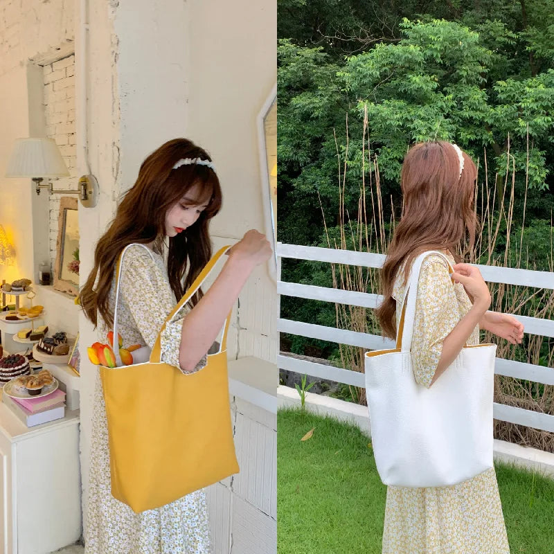 Large Capacity Women Daily Tote Bag Soft PU Leather Yellow