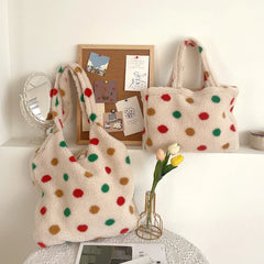 Women Dot Plush Shoulder Bag Lamb Wool Vest Handbag Tote Bag