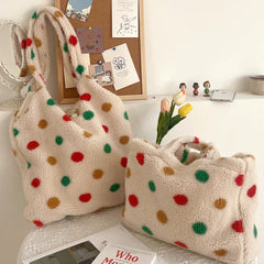 Women Dot Plush Shoulder Bag Lamb Wool Vest Handbag Tote Bag