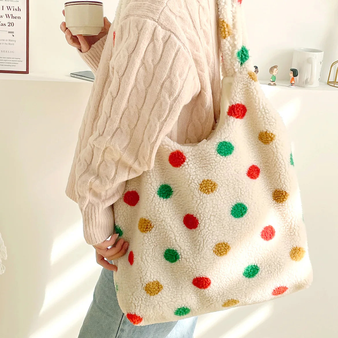 Women Dot Plush Shoulder Bag Lamb Wool Vest Handbag Tote Bag