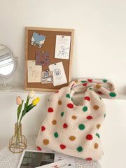 Women Dot Plush Shoulder Bag Lamb Wool Vest Handbag Tote Bag