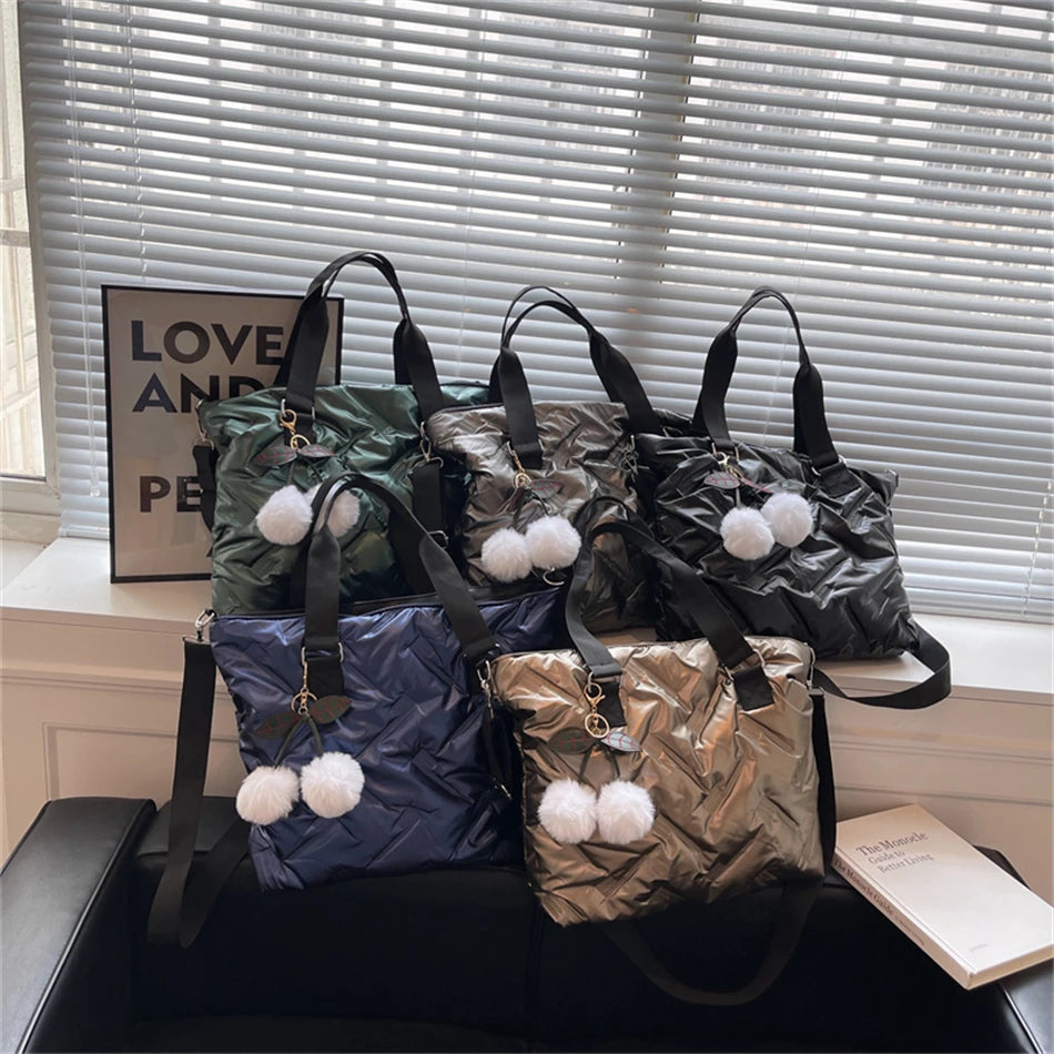 Large Capacity Women Down Fabric Shoulder Crossbody Bags with Hair Ball Purses
