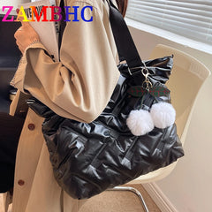 Large Capacity Women Down Fabric Shoulder Crossbody Bags with Hair Ball Purses