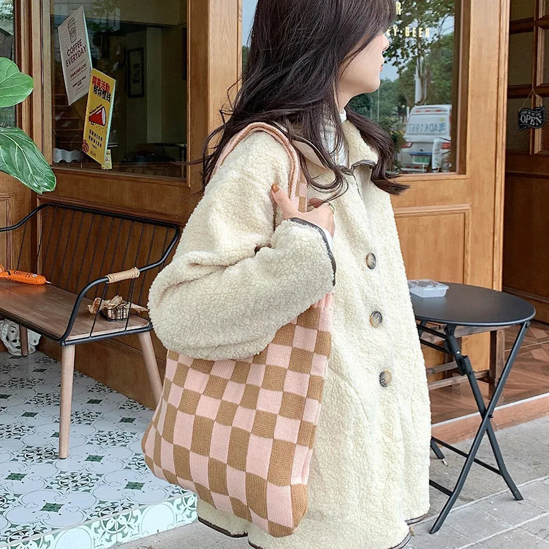 Large Capacity Women Knitted Checkerboard Bag Retro Shoulder Bags