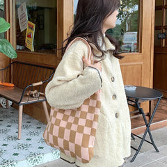 Large Capacity Women Knitted Checkerboard Bag Retro Shoulder Bags