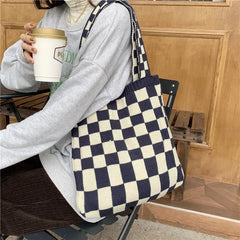 Large Capacity Women Knitted Checkerboard Bag Retro Shoulder Bags