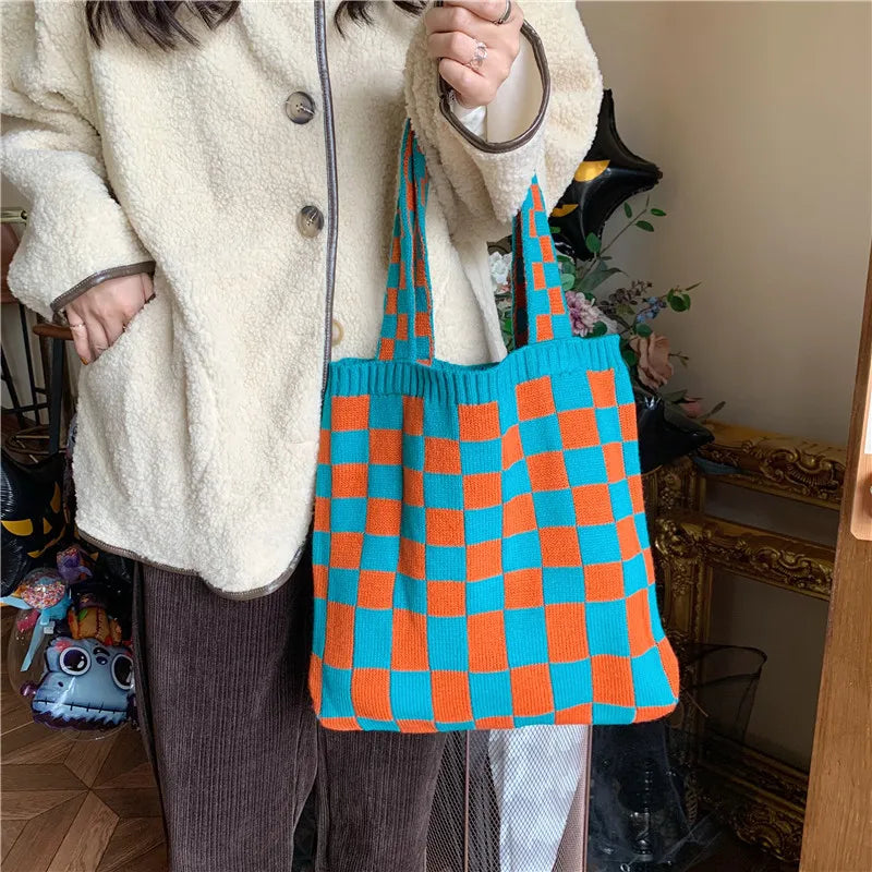 Large Capacity Women Knitted Checkerboard Bag Retro Shoulder Bags