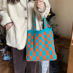 Large Capacity Women Knitted Checkerboard Bag Retro Shoulder Bags
