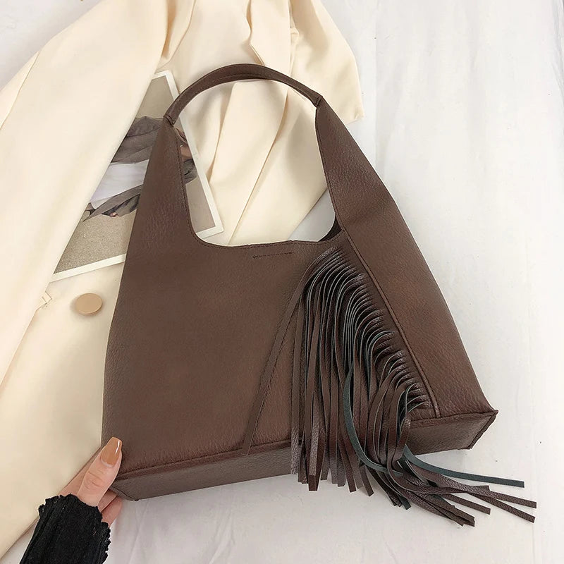 Large Capacity Women Shoulder Bag Tassel PU Leather Handbags