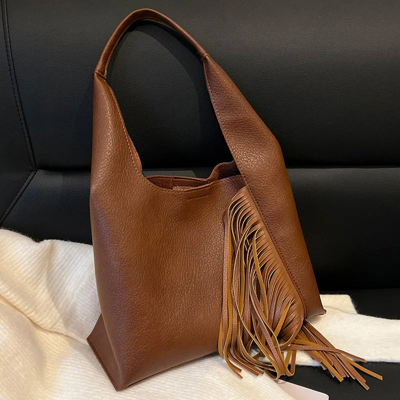 Large Capacity Women Shoulder Bag Tassel PU Leather Handbags