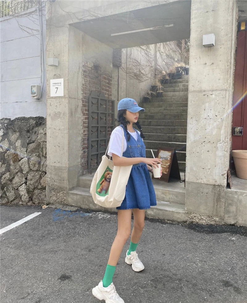 Cartoon Bear Canvas Handbag Large Capacity Reusable Tote Bag for Women