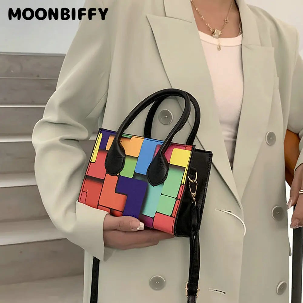 Multicolor Splicing Leather Women's Shoulder Tote Crossbody Bag