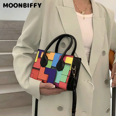 Multicolor Splicing Leather Women's Shoulder Tote Crossbody Bag