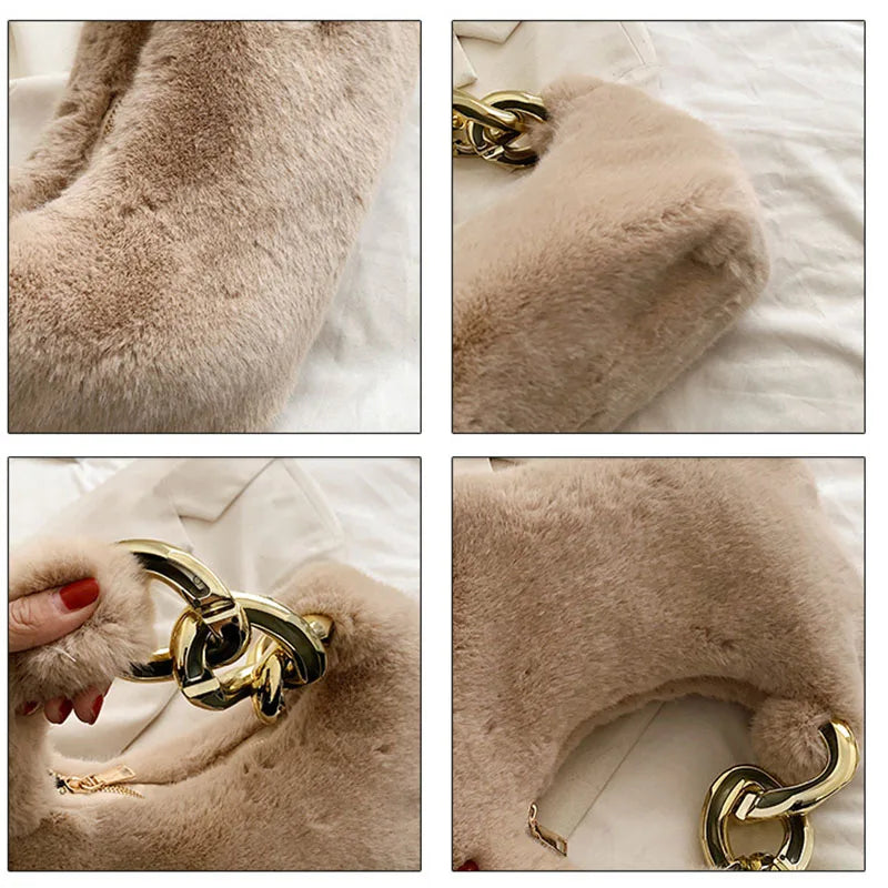 Faux Fur Chain Shoulder Bag for Women Winter Lady Tote Handbag