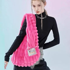 Women's Rose Pink Shoulder Bags Soft Plush Handbag