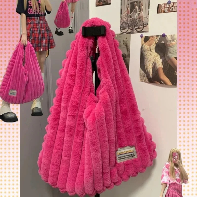 Women's Rose Pink Shoulder Bags Soft Plush Handbag