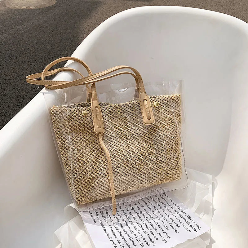 Large Capacity Women's Shoulder Handbag PVC Transparent Beach Straw Bag