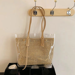 Large Capacity Women's Shoulder Handbag PVC Transparent Beach Straw Bag