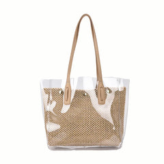 Large Capacity Women's Shoulder Handbag PVC Transparent Beach Straw Bag