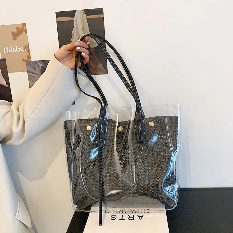 Large Capacity Women's Shoulder Handbag PVC Transparent Beach Straw Bag