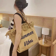 Large Capacity Tassel Shoulder Bag Cotton Canvas Handbag