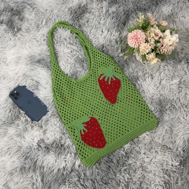 Large Capacity Woven Shoulder Bag Women's Casual Strawberry Pattern Handbag