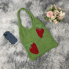 Large Capacity Woven Shoulder Bag Women's Casual Strawberry Pattern Handbag