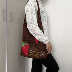 Large Capacity Woven Shoulder Bag Women's Casual Strawberry Pattern Handbag
