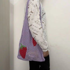 Large Capacity Woven Shoulder Bag Women's Casual Strawberry Pattern Handbag