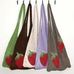 Large Capacity Woven Shoulder Bag Women's Casual Strawberry Pattern Handbag