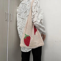 Large Capacity Woven Shoulder Bag Women's Casual Strawberry Pattern Handbag