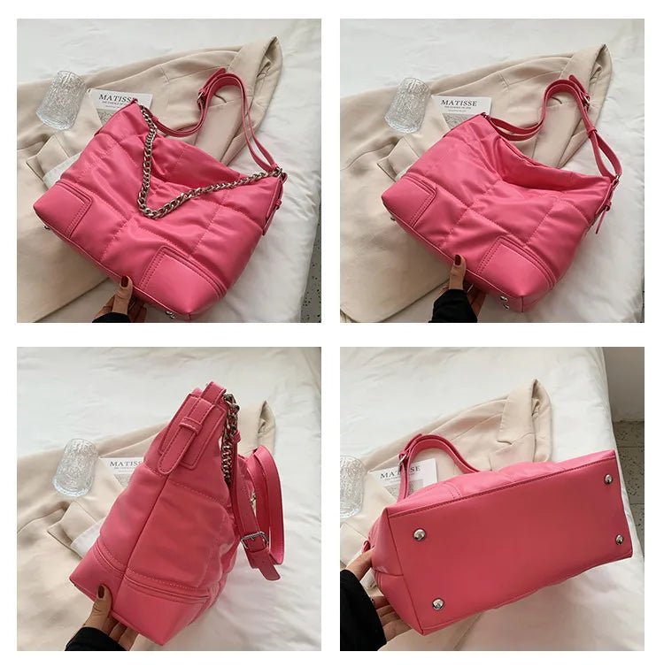 Large Capacity Quilted Shoulder Bag Women Winter Handbag Chain Crossbody Tote