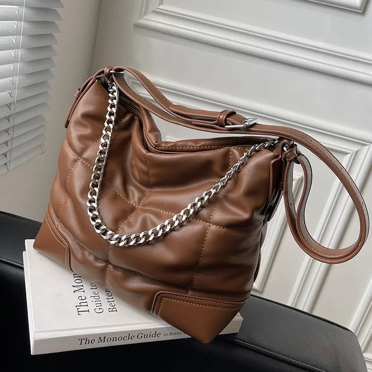 Large Capacity Quilted Shoulder Bag Women Winter Handbag Chain Crossbody Tote