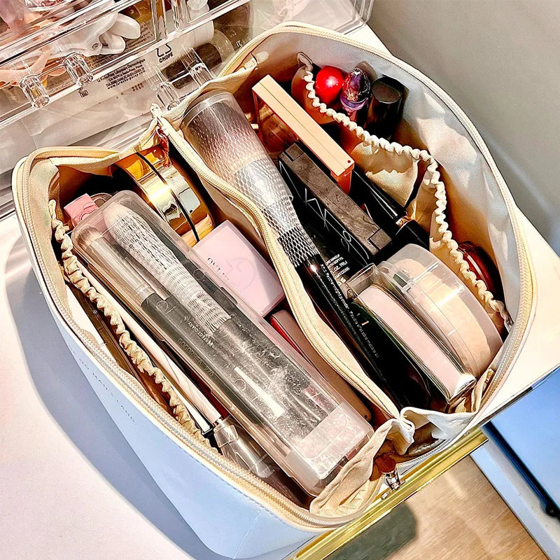Large Leather Travel Cosmetic Bag for Women Makeup Organizer