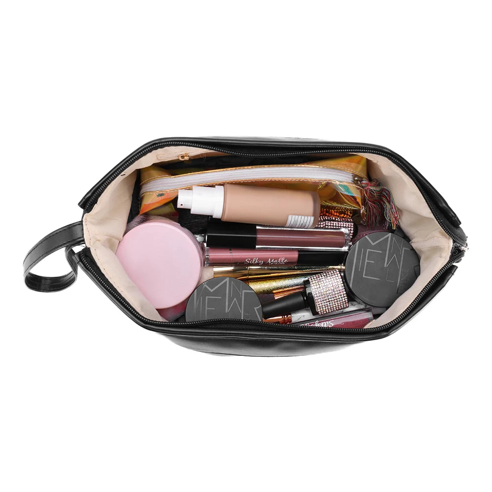Large Double Layer Makeup Bag PU Leather Travel Organizer Toiletry Pouch