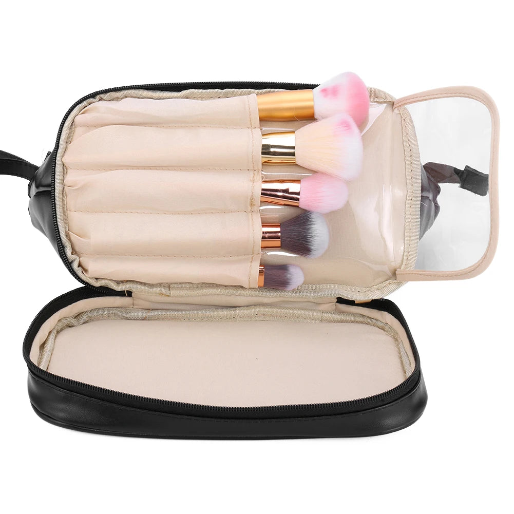 Large Double Layer Makeup Bag PU Leather Travel Organizer Toiletry Pouch