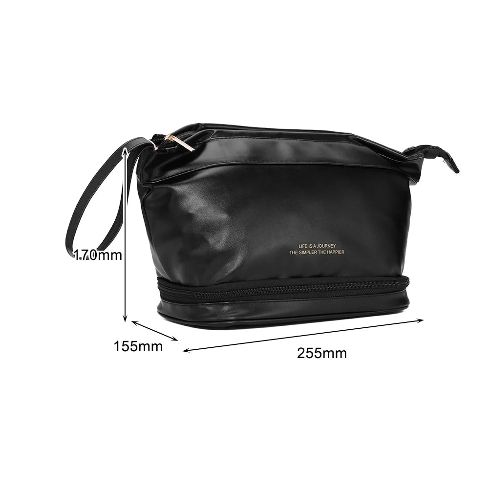 Large Double Layer Makeup Bag PU Leather Travel Organizer Toiletry Pouch