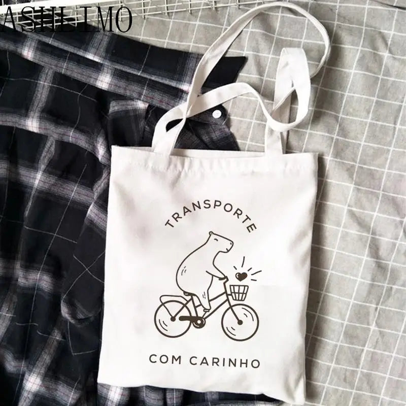 Capybara Cartoon Print Large Shopper Bag Canva Tote Handbag Women Beach Lady Bag