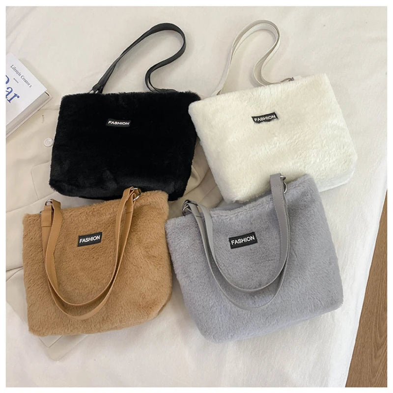 Winter Plush Tote Bag for Women Soft Fluffy Fur Lady Handbags