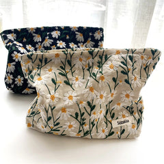 Large Women Floral Cosmetic Bag Cotton Relief Zipper Washing Makeup Storage Bag