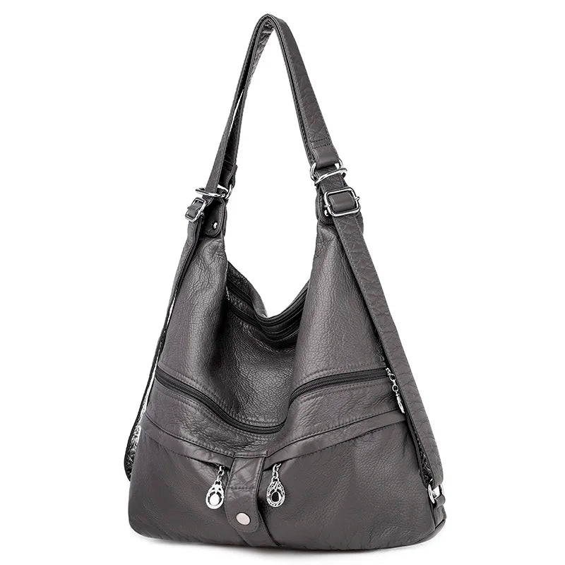 Large Women Shoulder Bag Soft Leather Crossbody Messenger Totes 3 Pocket Bag