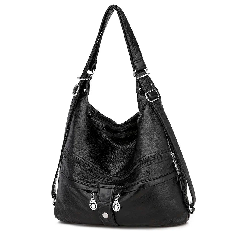 Large Women Shoulder Bag Soft Leather Crossbody Messenger Totes 3 Pocket Bag